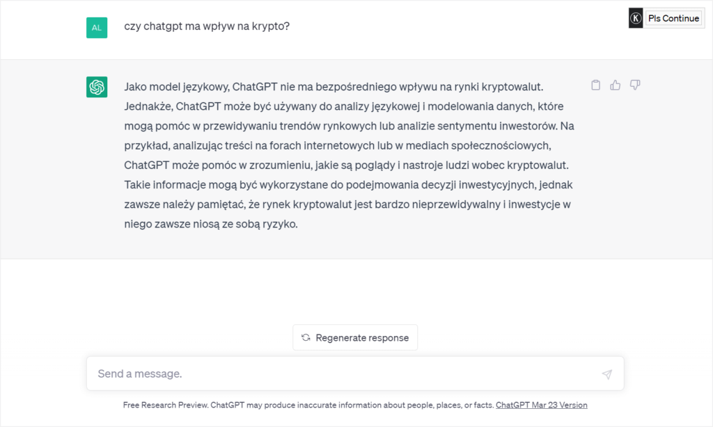 Odpowiedź ChatGPT na pytanie o jego wpływ na kryptowaluty