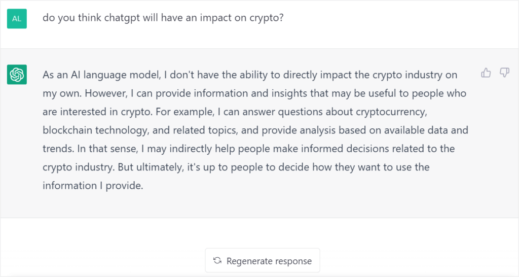 Réponse de ChatGPT à une question sur son impact sur les crypto-monnaies