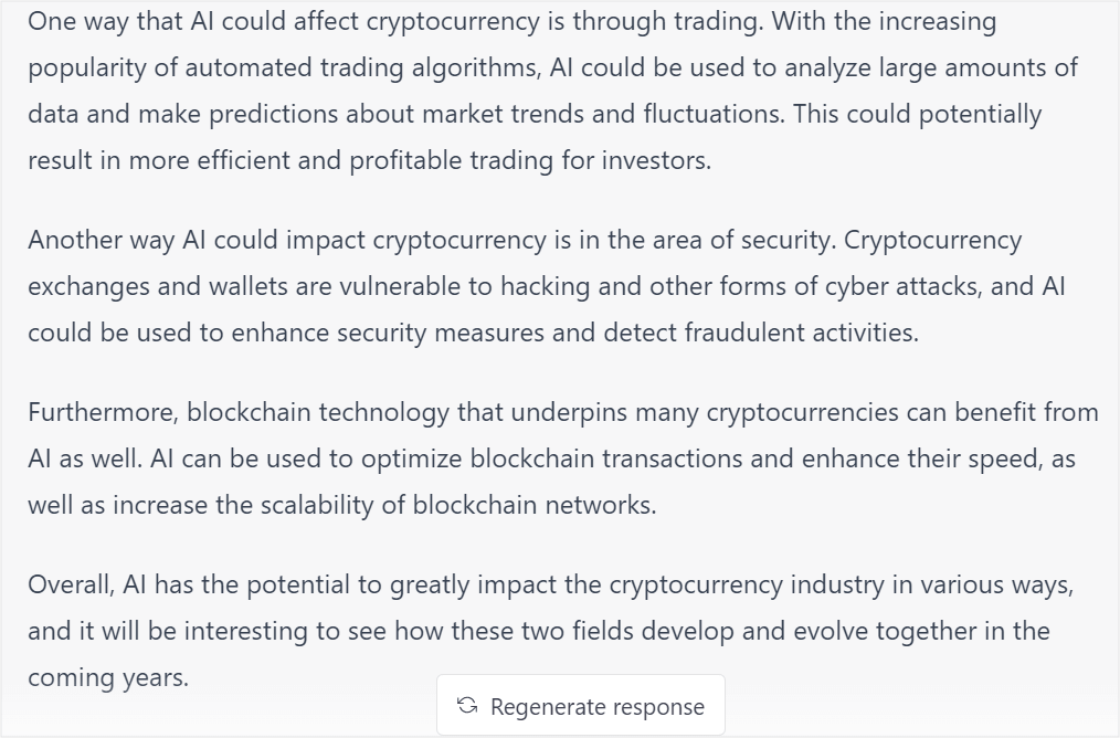 Réponse de ChatGPT à une question sur l'impact de l'IA sur le monde de la crypto-monnaie